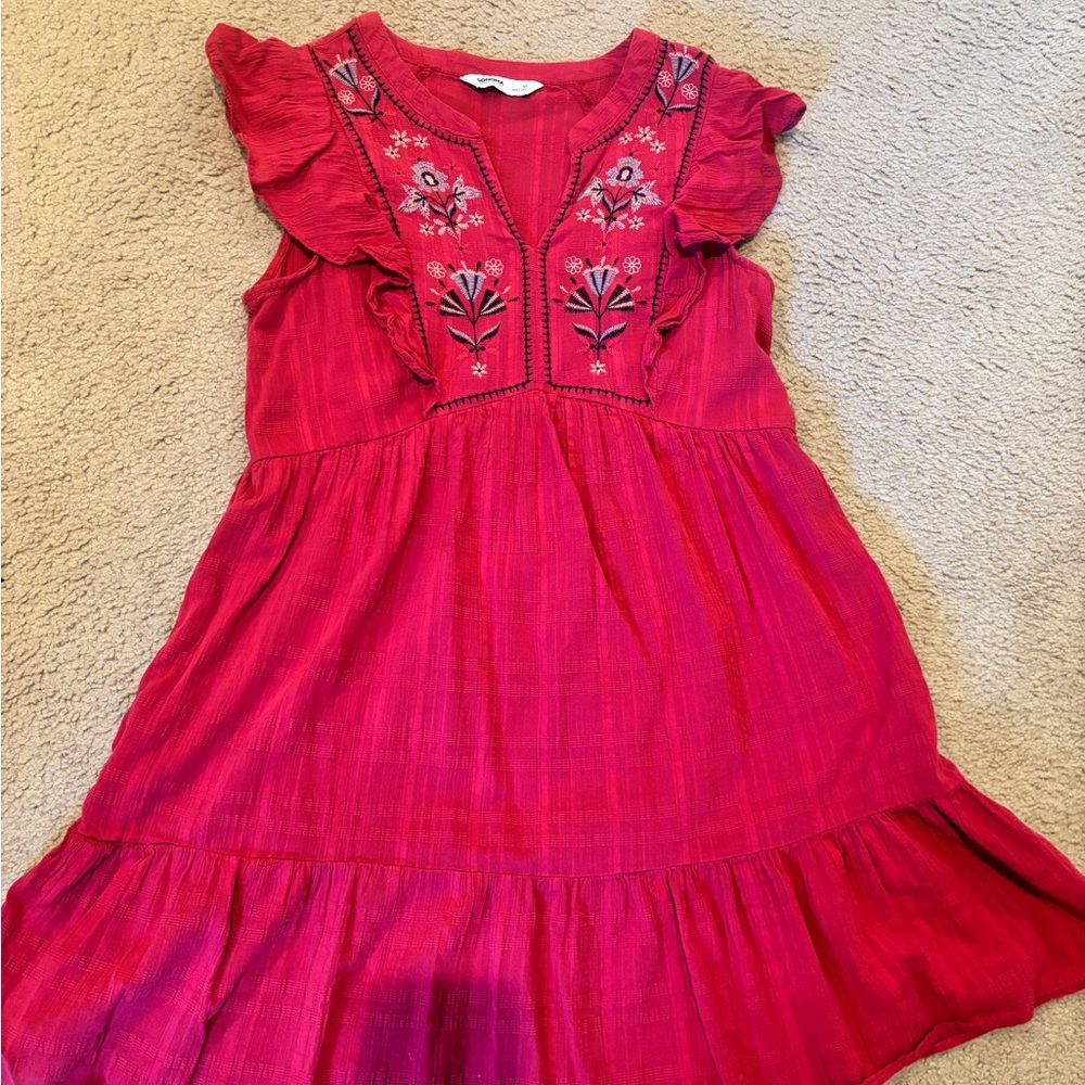 Embroidered Red Dress with Ruffle Sleeves